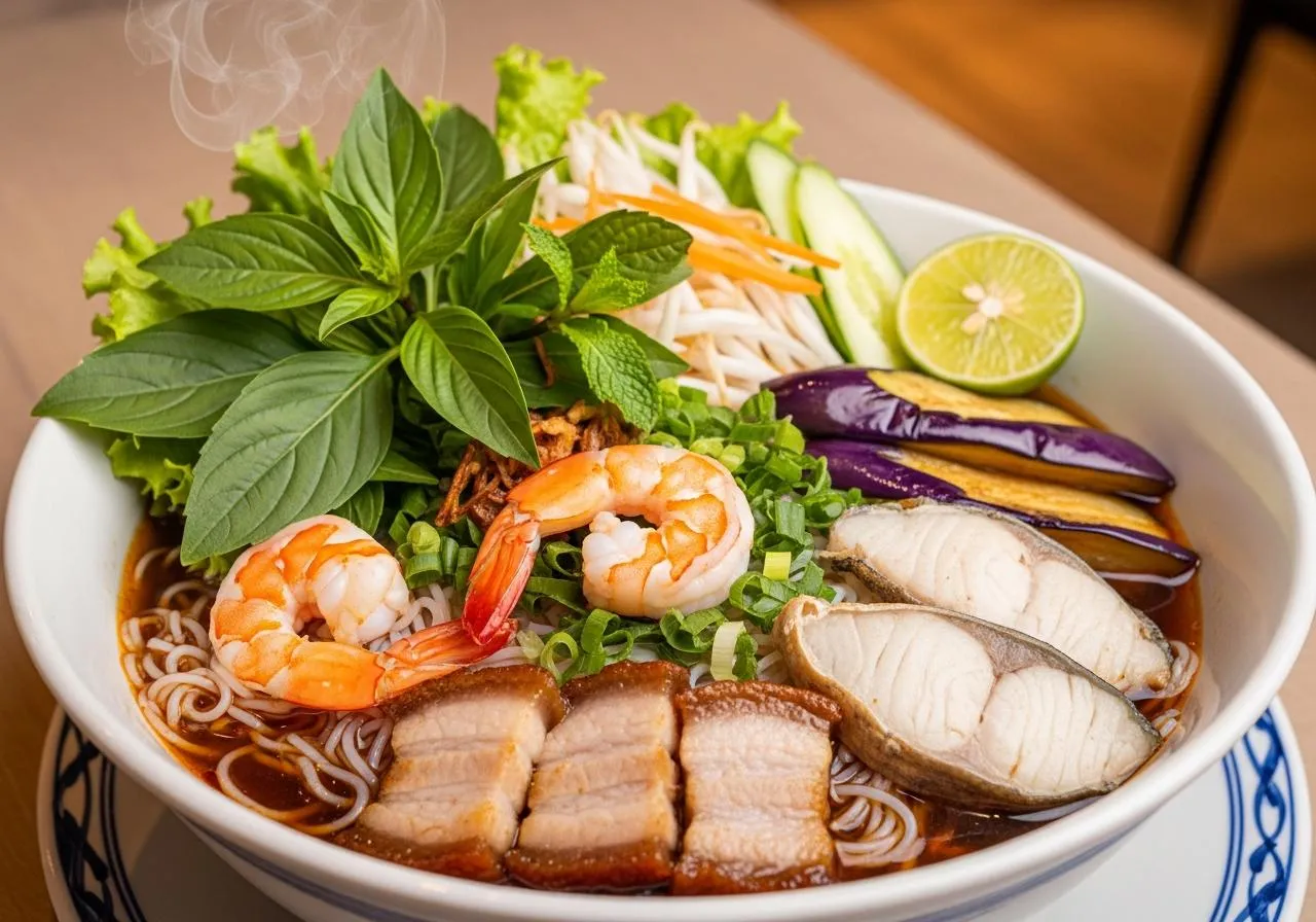 Thịt quay giòn rụm ăn kèm bún mắm miền Tây đậm đà