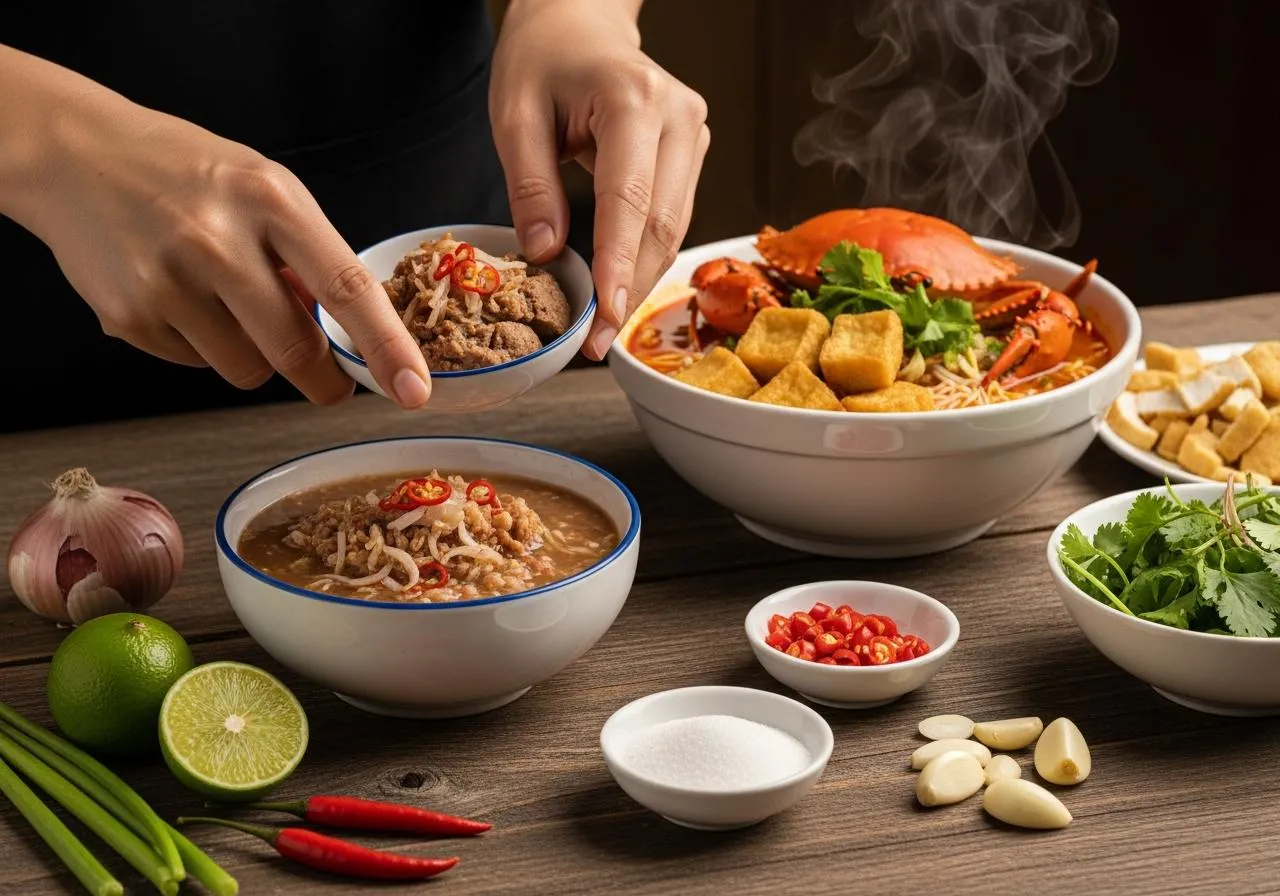 Tô bún riêu cua đồng nóng hổi ăn kèm mắm tôm pha sủi bọt chuẩn vị