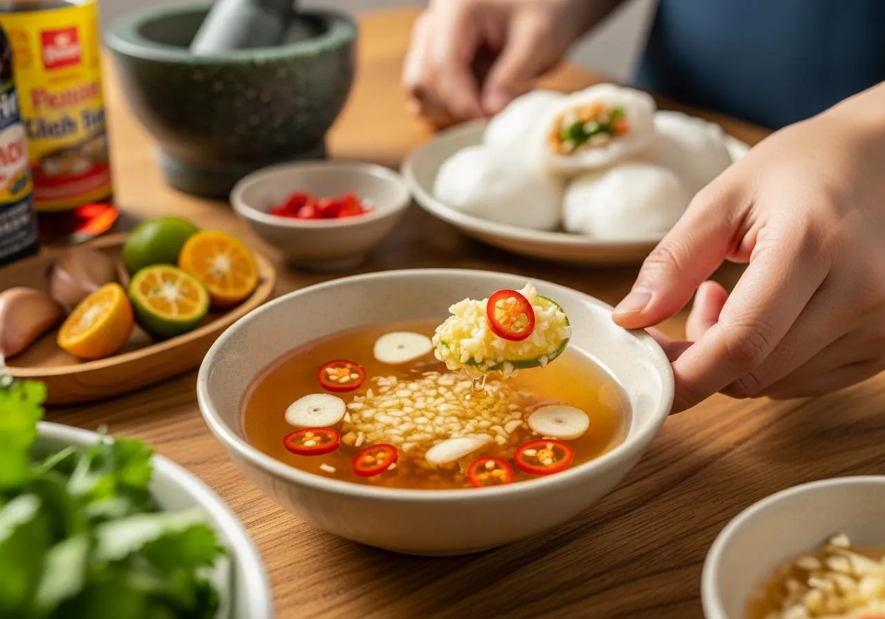 Thành phẩm chén nước mắm chấm bánh cuốn Tây Sơn sánh quyện