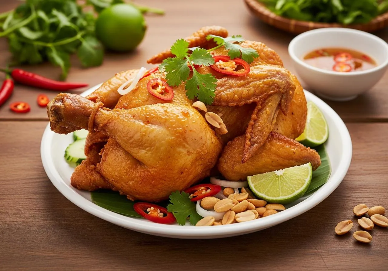 Đĩa gà chiên nguyên con phủ sốt nước mắm vàng óng, rắc tỏi ớt bằm