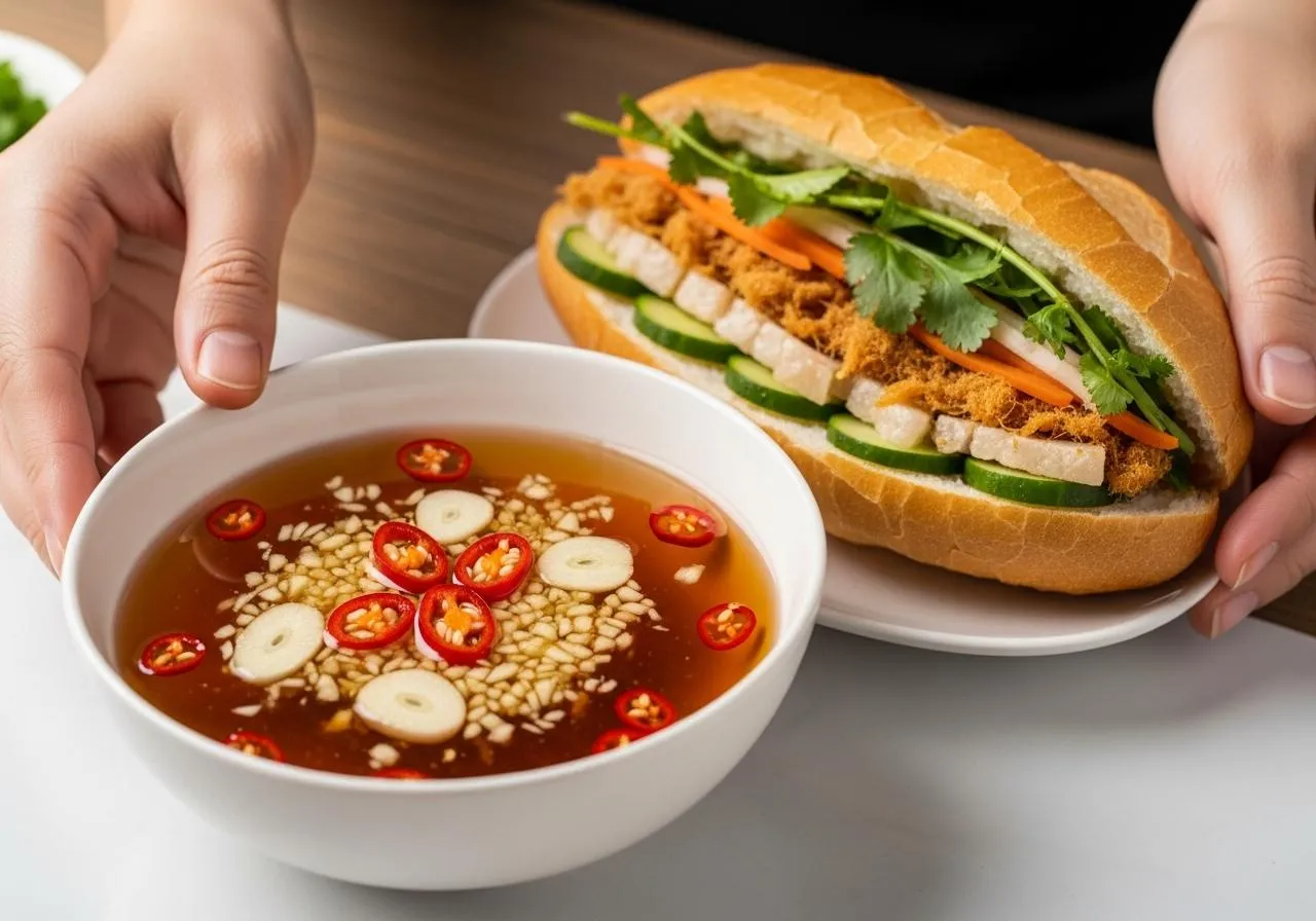 Nguyên liệu pha nước mắm chua ngọt gồm mắm cốt đường giấm tỏi ớt
