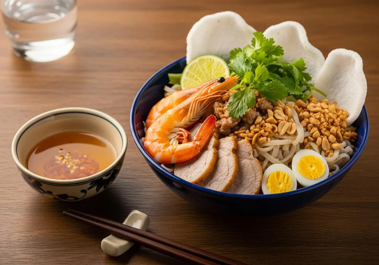 Nước mắm nêm đậm đà rưới lên tô mì quảng sườn non