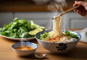 Tô mì quảng gà với chén nước mắm tỏi ớt nguyên chất bên cạnh