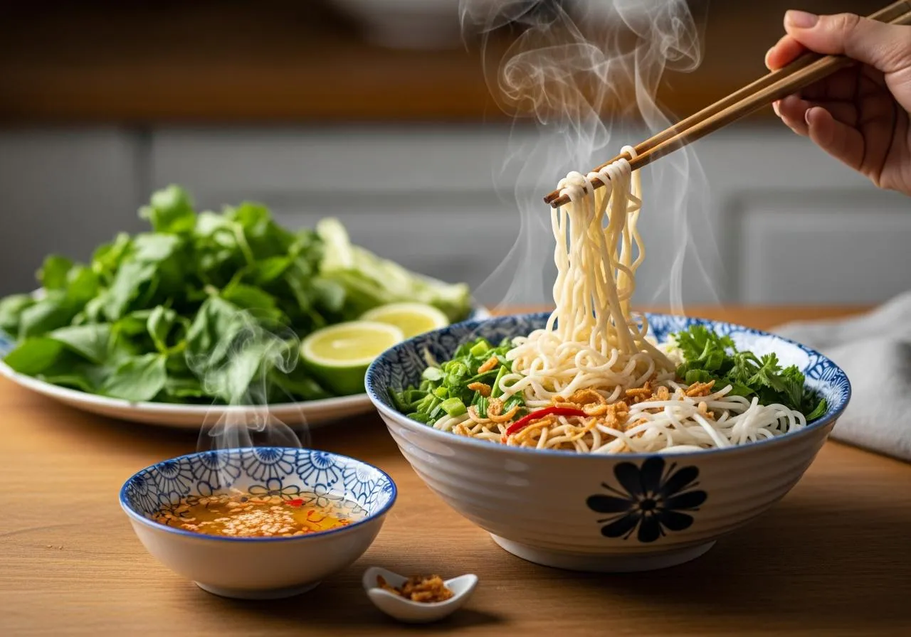 Tô mì quảng gà với chén nước mắm tỏi ớt nguyên chất bên cạnh