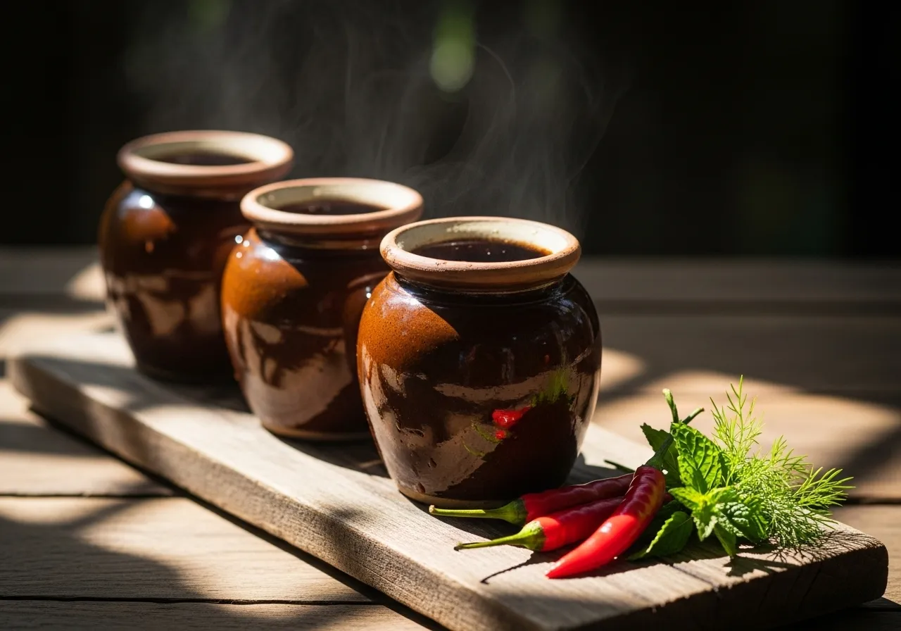 Hũ nước mắm truyền thống phơi nắng ngoài trời tại xưởng làng chài
