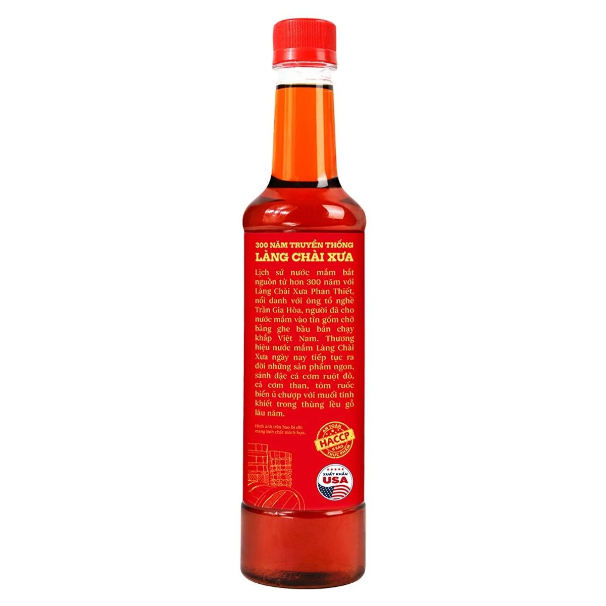 Mặt sau chai nước mắm hiệu tôm biển Làng Chài Xưa 525ml