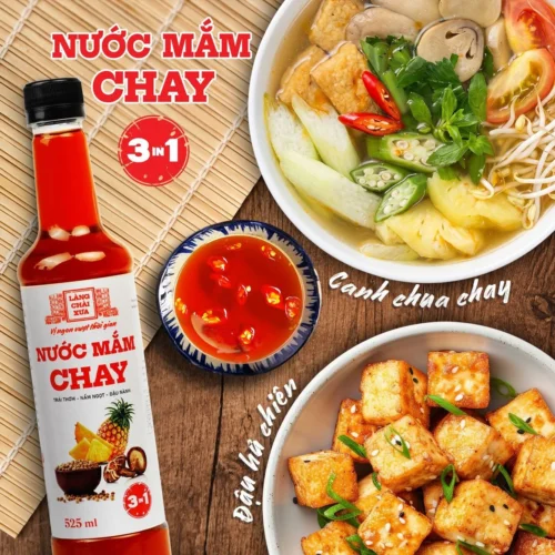 Nước mắm chay 3 trong 1 dùng với canh chua chay và đậu hũ chiên
