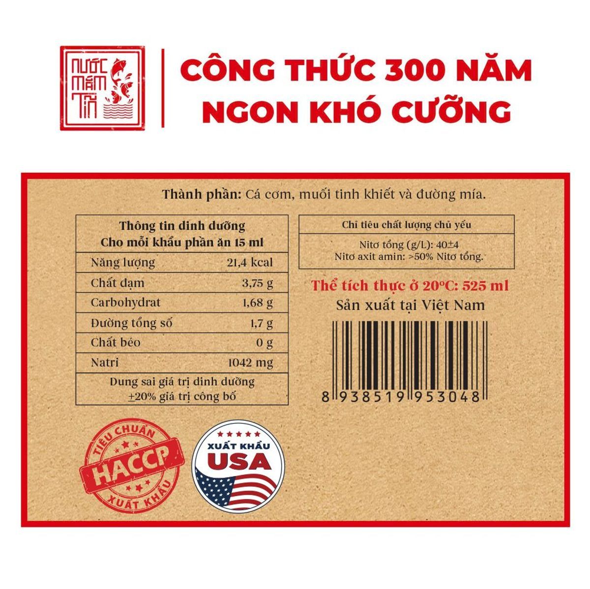 Nhãn thông tin nước mắm Tĩn nhãn đỏ 40N: thành phần, dinh dưỡng, chỉ tiêu chất lượng